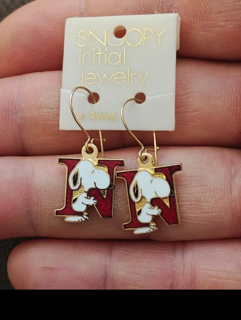 1970s Peanuts Snoopy Initial "N" Gold Tone Cloisonné Red Enamel Dangle Earrings